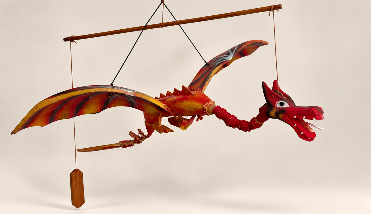 Red Coconut Shell Flying Dragon – Handcrafted Hanging Decoration / Puppet