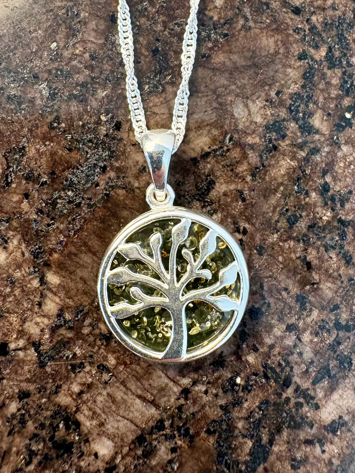 Sterling Silver Green Baltic Amber Tree of Life Pendant Necklace – Genuine Amber, 18" Sterling Silver Chain