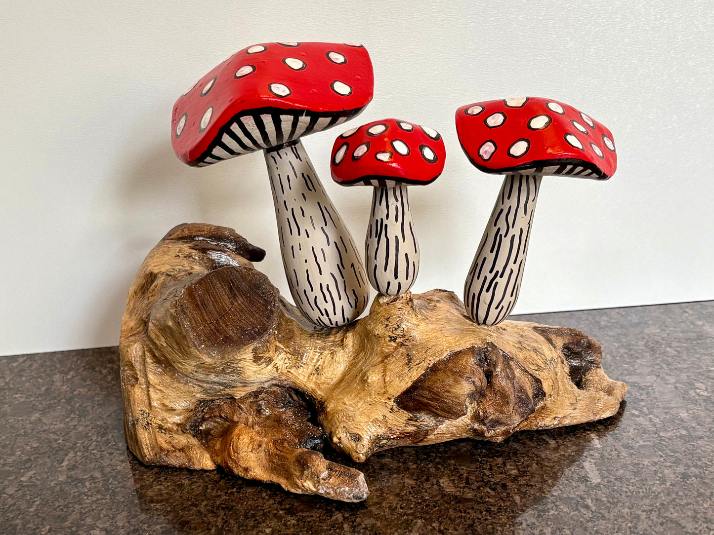 Hand-Painted Toadstool Trio on Wood Base