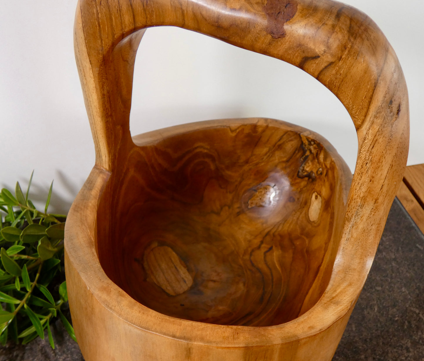 Solid Teak Wood Bowl with Handle | Handcrafted Basket Style Wooden Bowl | Natural Rustic Home Décor | 34cm High