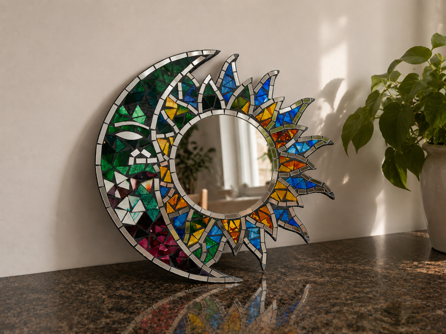 Handmade Mosaic Sun & Moon Mirror – 30cm Stained Glass Wall Art
