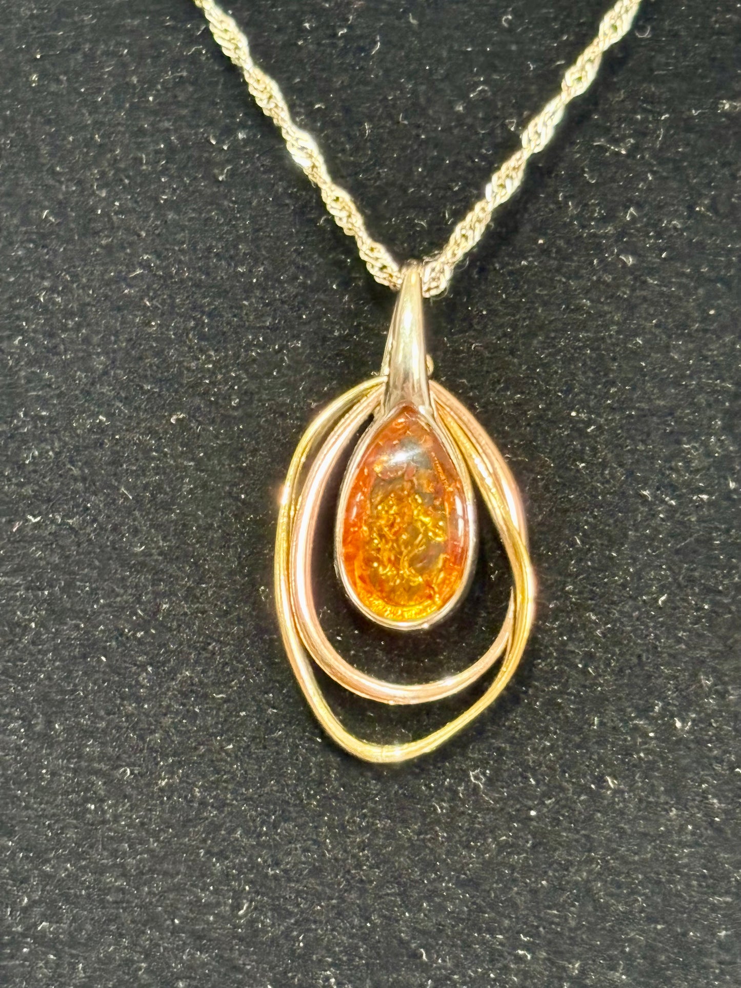 Sterling Silver Amber Pendant with Yellow and Rose Gold Plate Accents