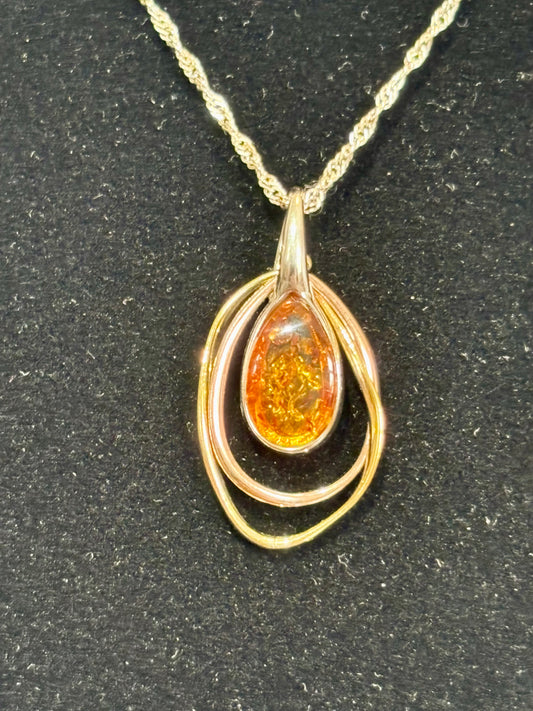Sterling Silver Amber Pendant with Yellow and Rose Gold Plate Accents