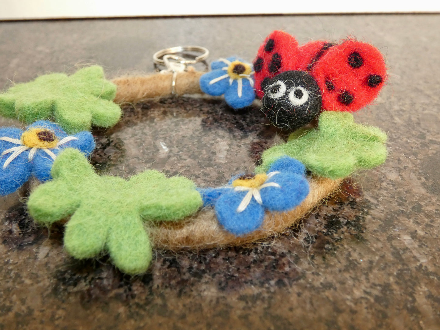 Handmade Felt Ladybug and Flowers Wreath Keychain