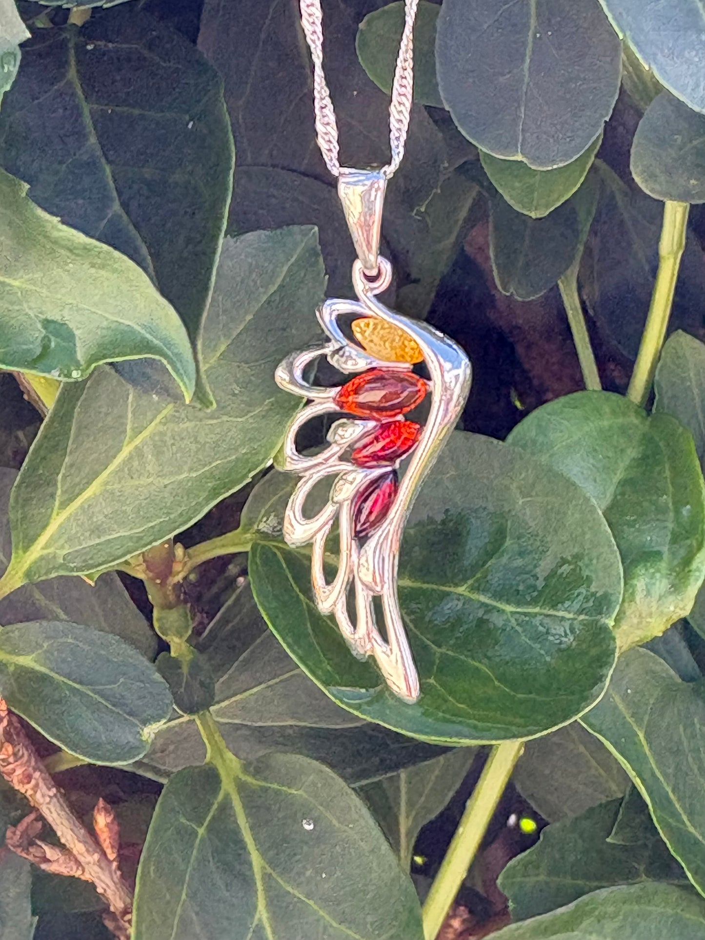 Sterling Silver Baltic Amber Angel Wing Pendant Necklace – Multicolour Genuine Amber, 18" Sterling Silver Chain