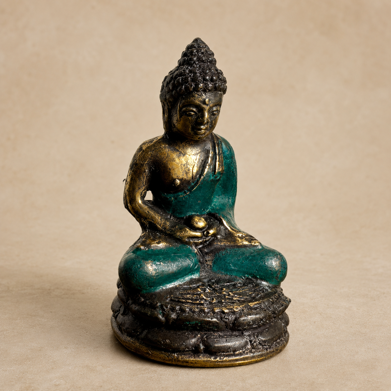 Small Seated Brass Buddha Statue with Teal Finish – 6 cm