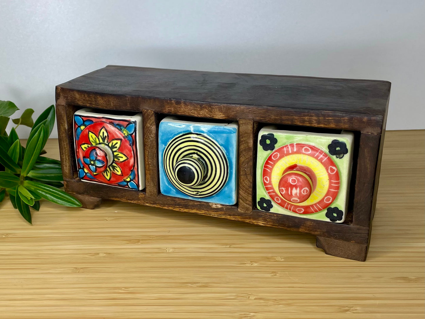 Wooden mini chest, 3 ceramic drawers.