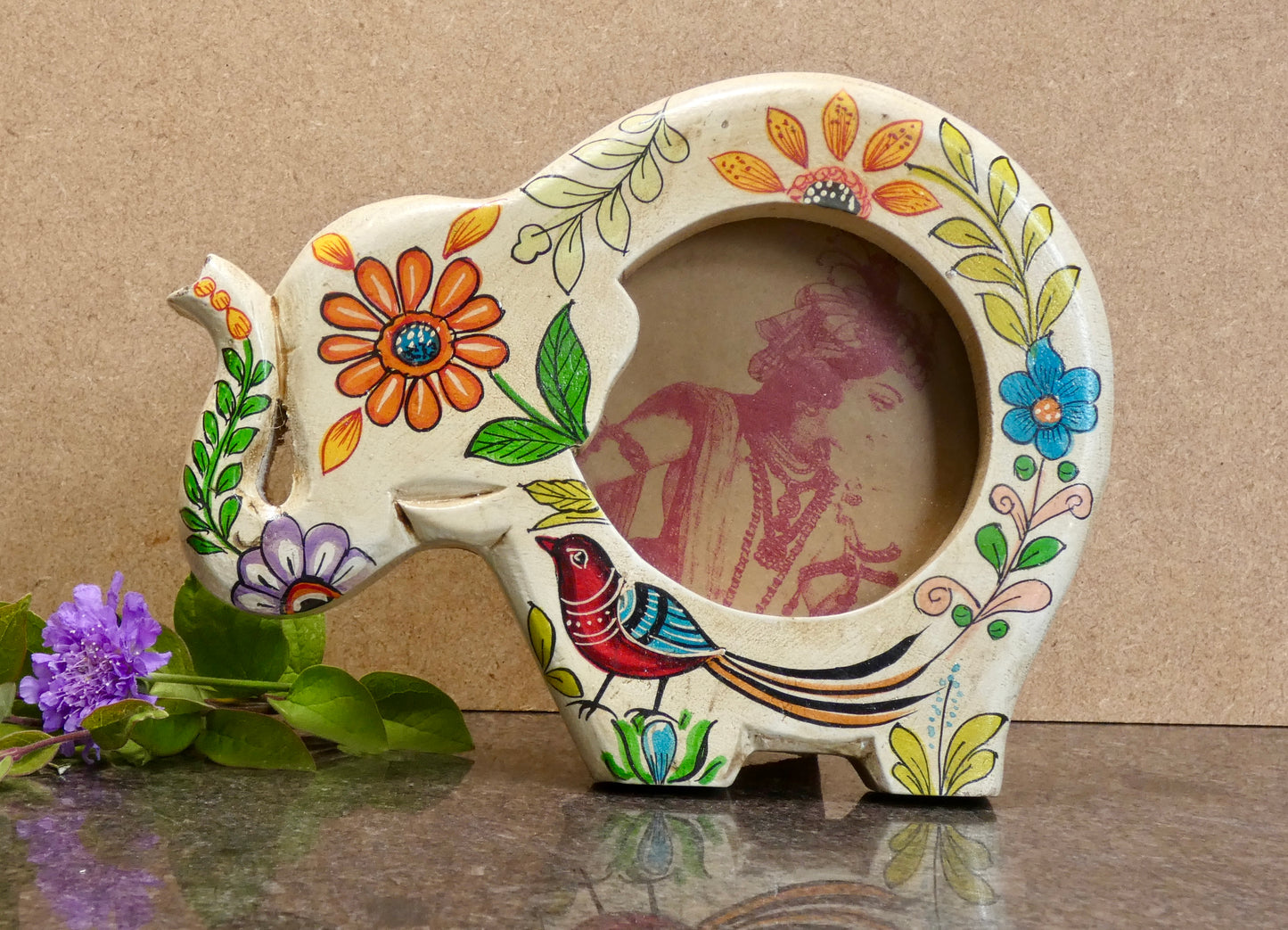 Hand painted wooden elephant shaped photo frame