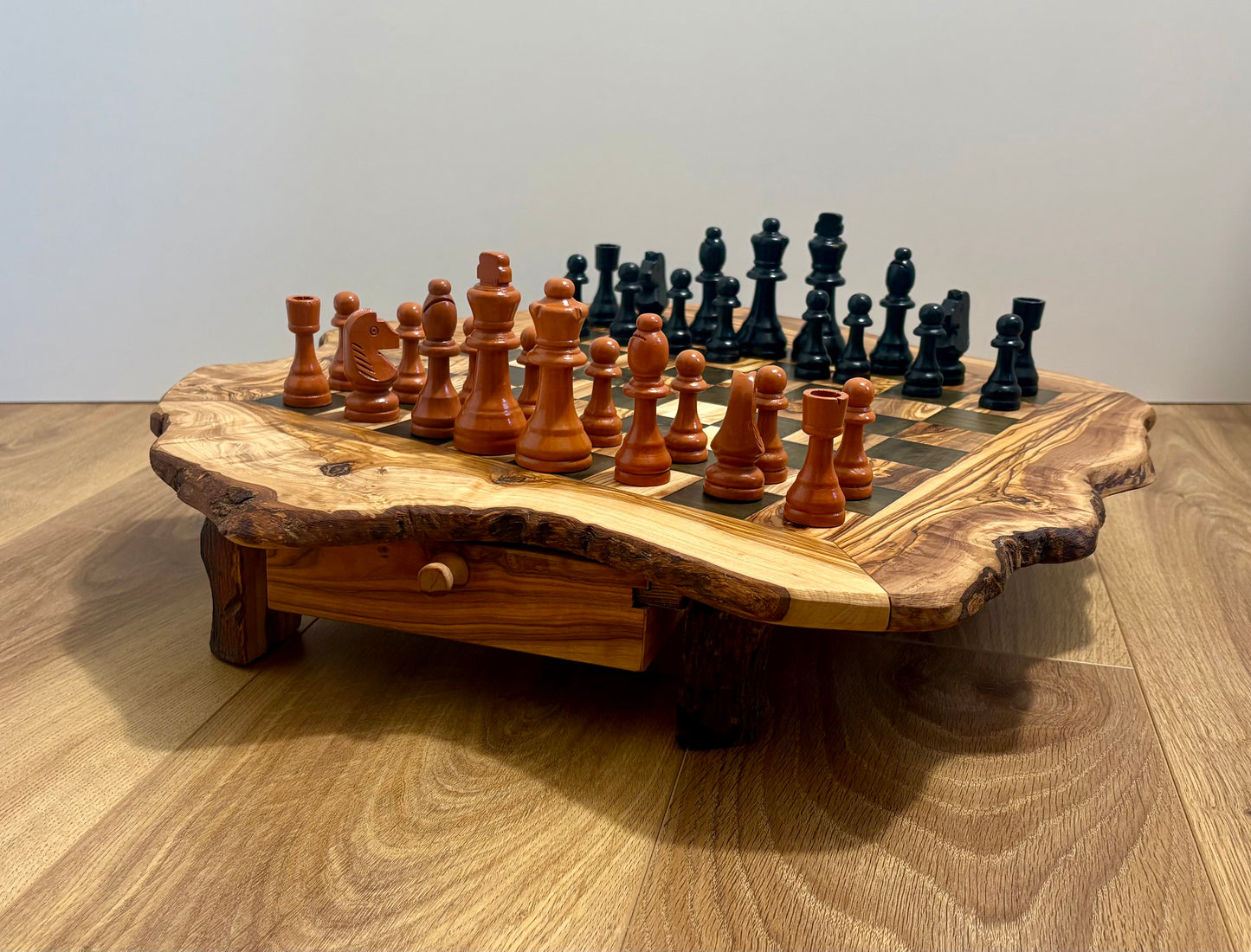 Handmade Olive Wood Chess Set with Storage Drawer - Elegant, Rustic, and Functional.