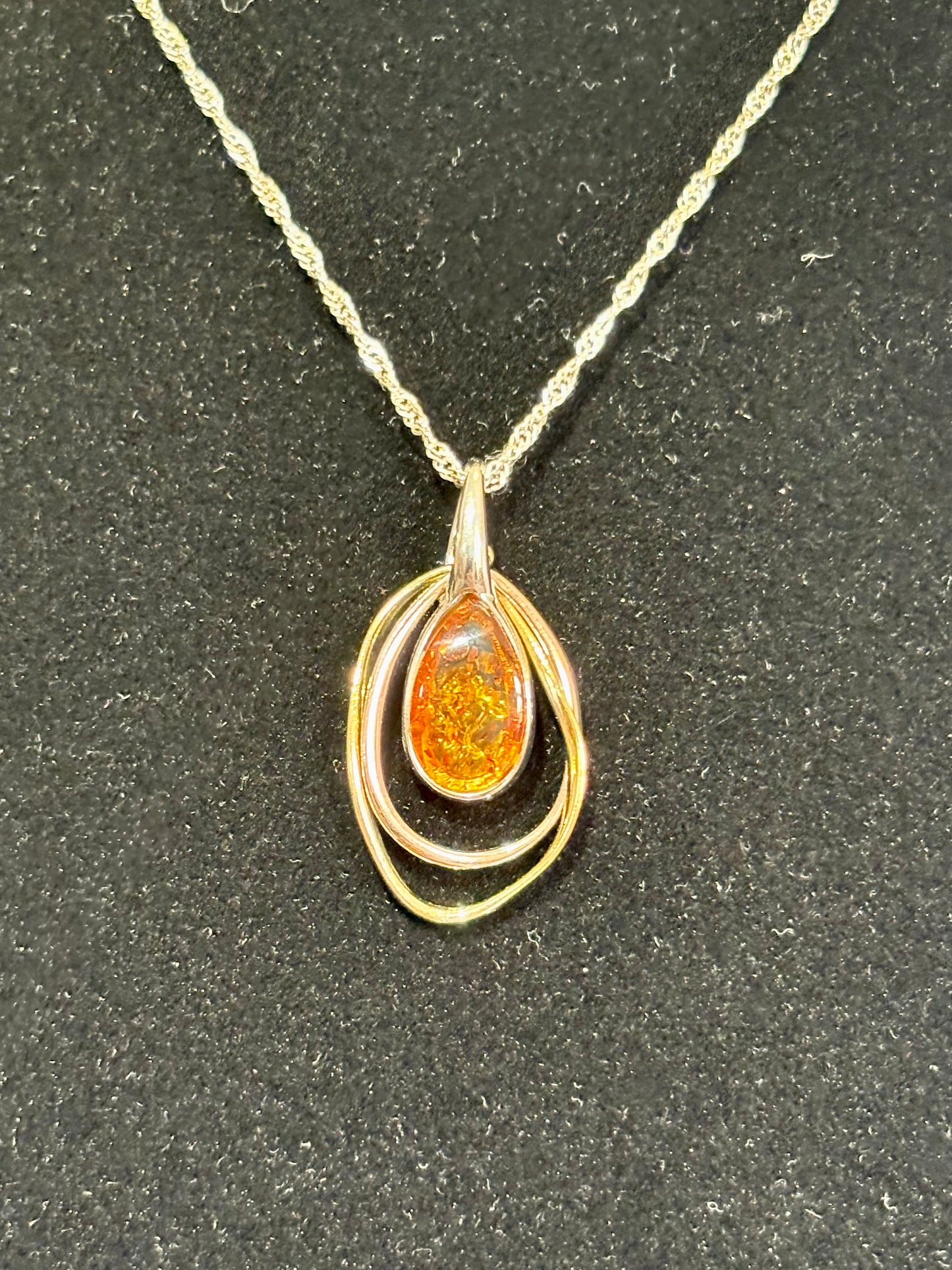 Sterling Silver Amber Pendant with Yellow and Rose Gold Plate Accents