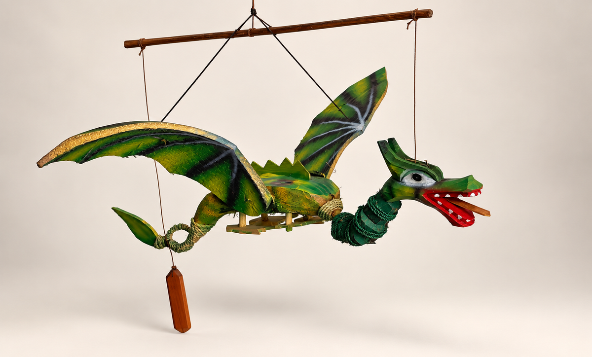 Green Coconut Shell Flying Dragon – Handcrafted Hanging Decoration / Puppet