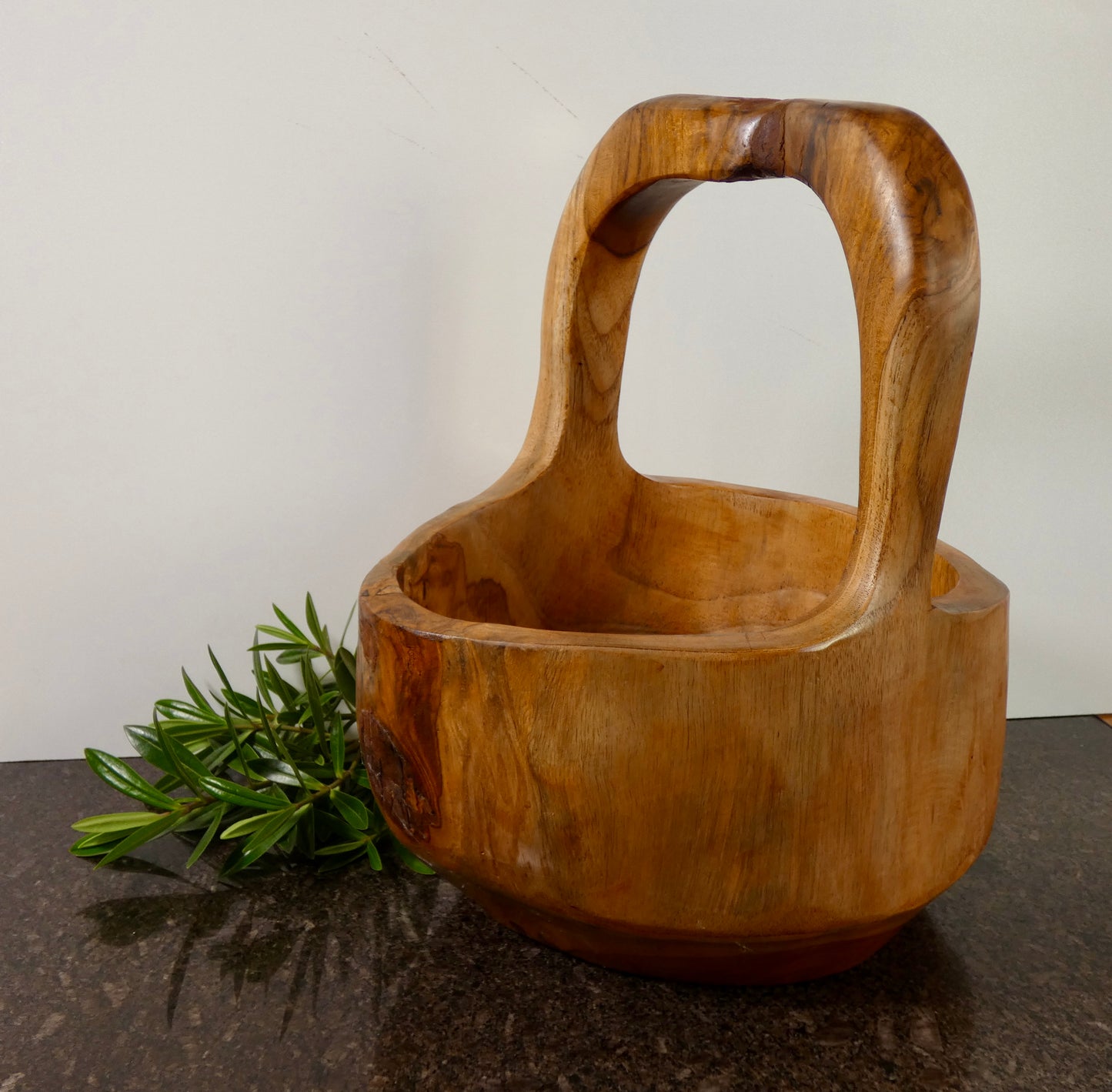 Solid Teak Wood Bowl with Handle | Handcrafted Basket Style Wooden Bowl | Natural Rustic Home Décor | 34cm High