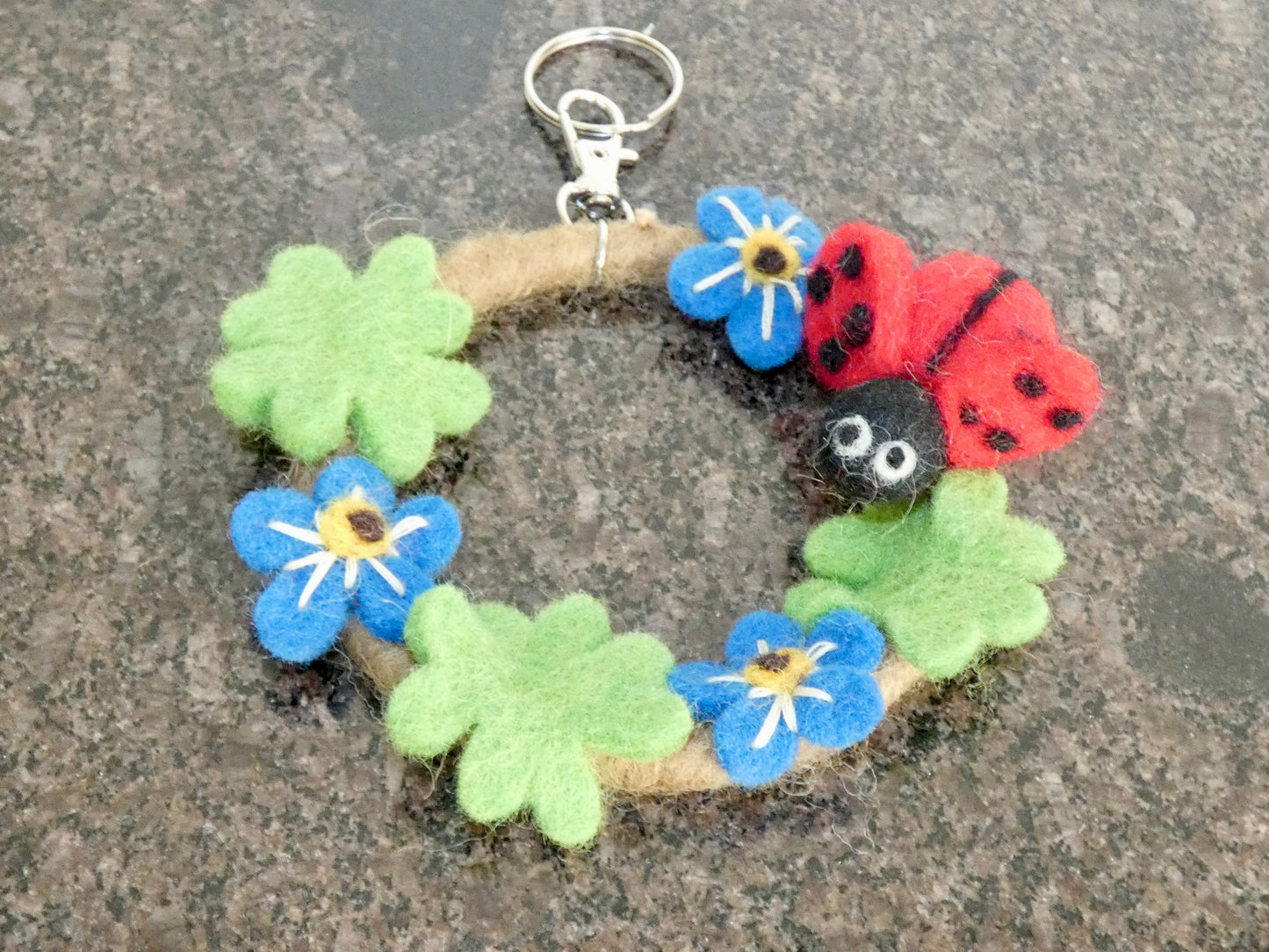 Handmade Felt Ladybug and Flowers Wreath Keychain