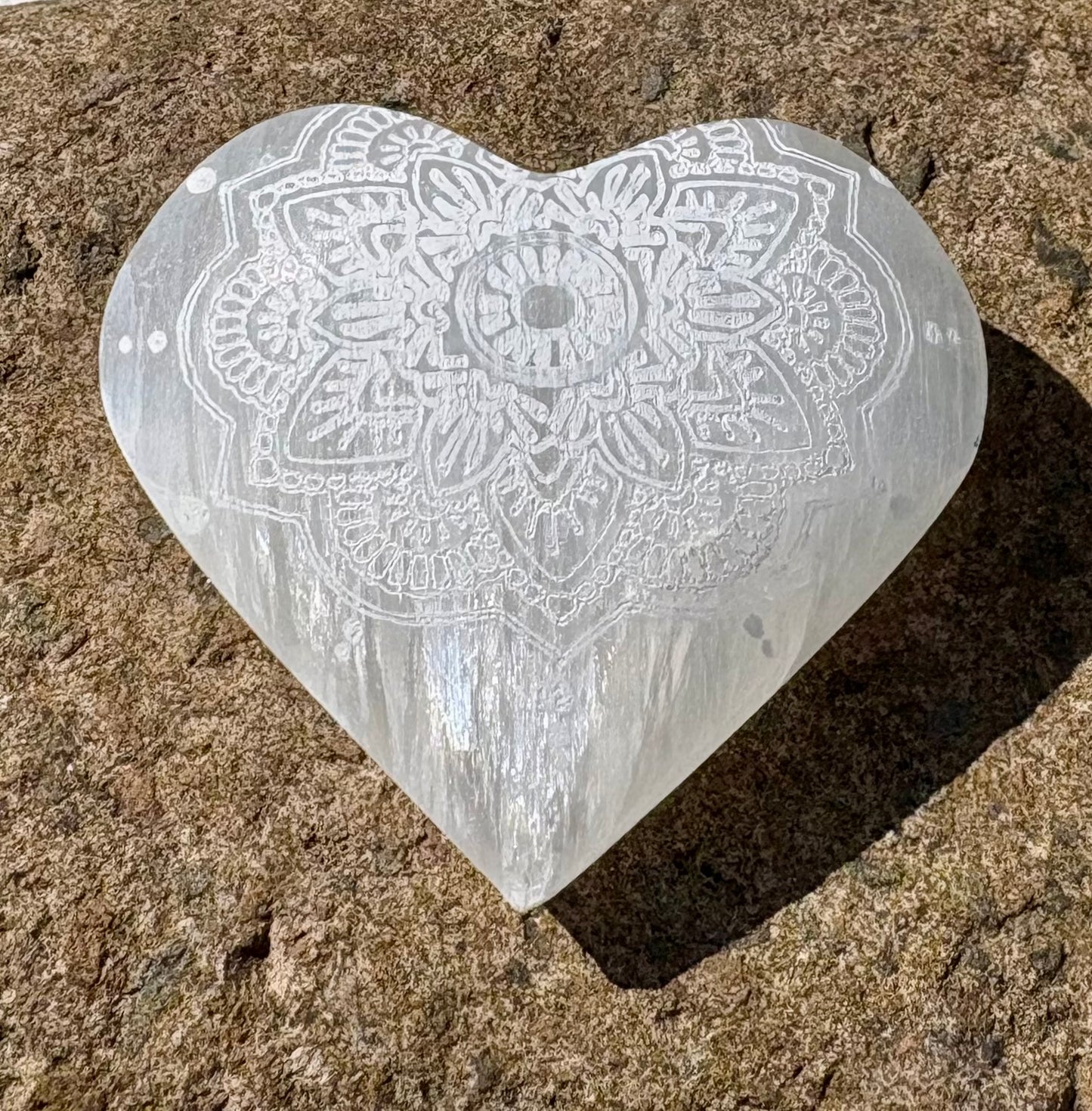 Engraved Selenite Heart Stone with Mandala Design