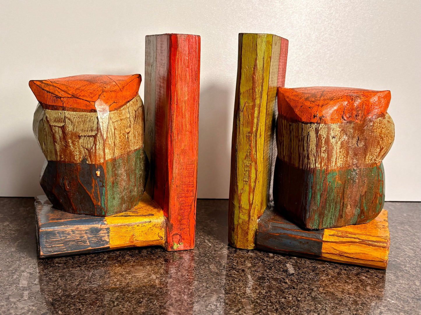 Hand-Carved Wooden Owl Bookends – Colorful Rustic Decorative Book Ends