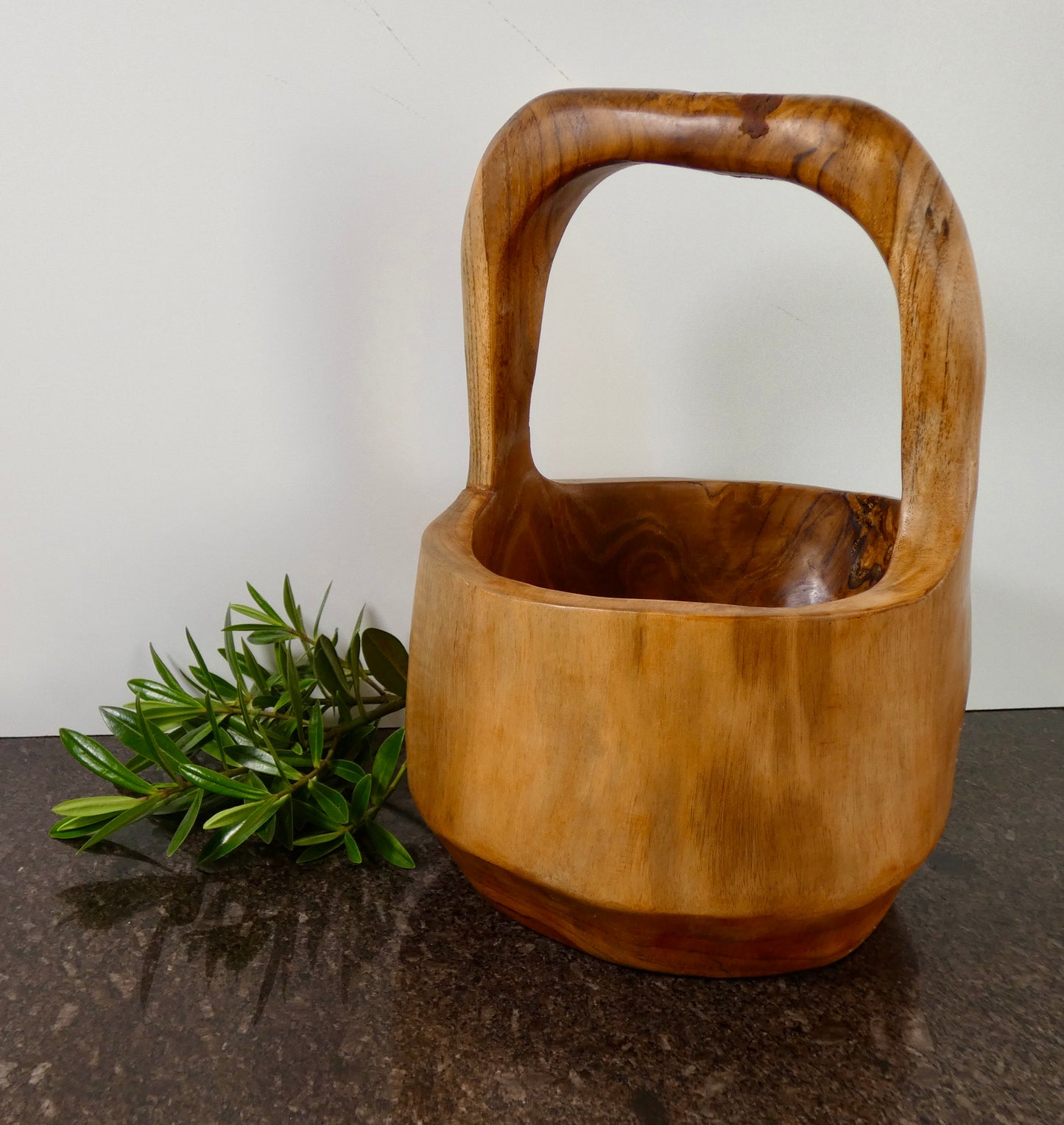 Solid Teak Wood Bowl with Handle | Handcrafted Basket Style Wooden Bowl | Natural Rustic Home Décor | 34cm High