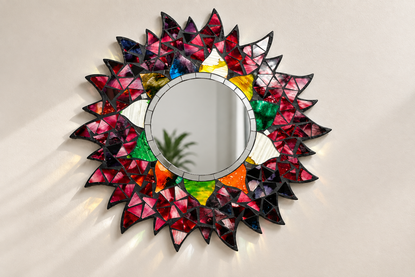 Handmade 30cm Stained Glass Mosaic Sunburst Mirror | Colourful Decorative Wall Mirror