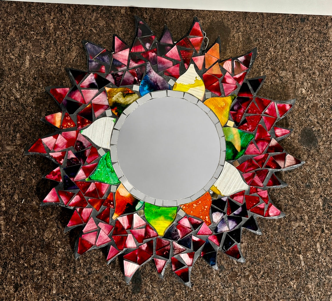 Handmade 30cm Stained Glass Mosaic Sunburst Mirror | Colourful Decorative Wall Mirror