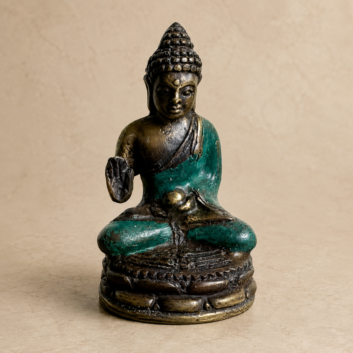 Small Seated Brass Buddha Statue with Teal Finish – 6 cm