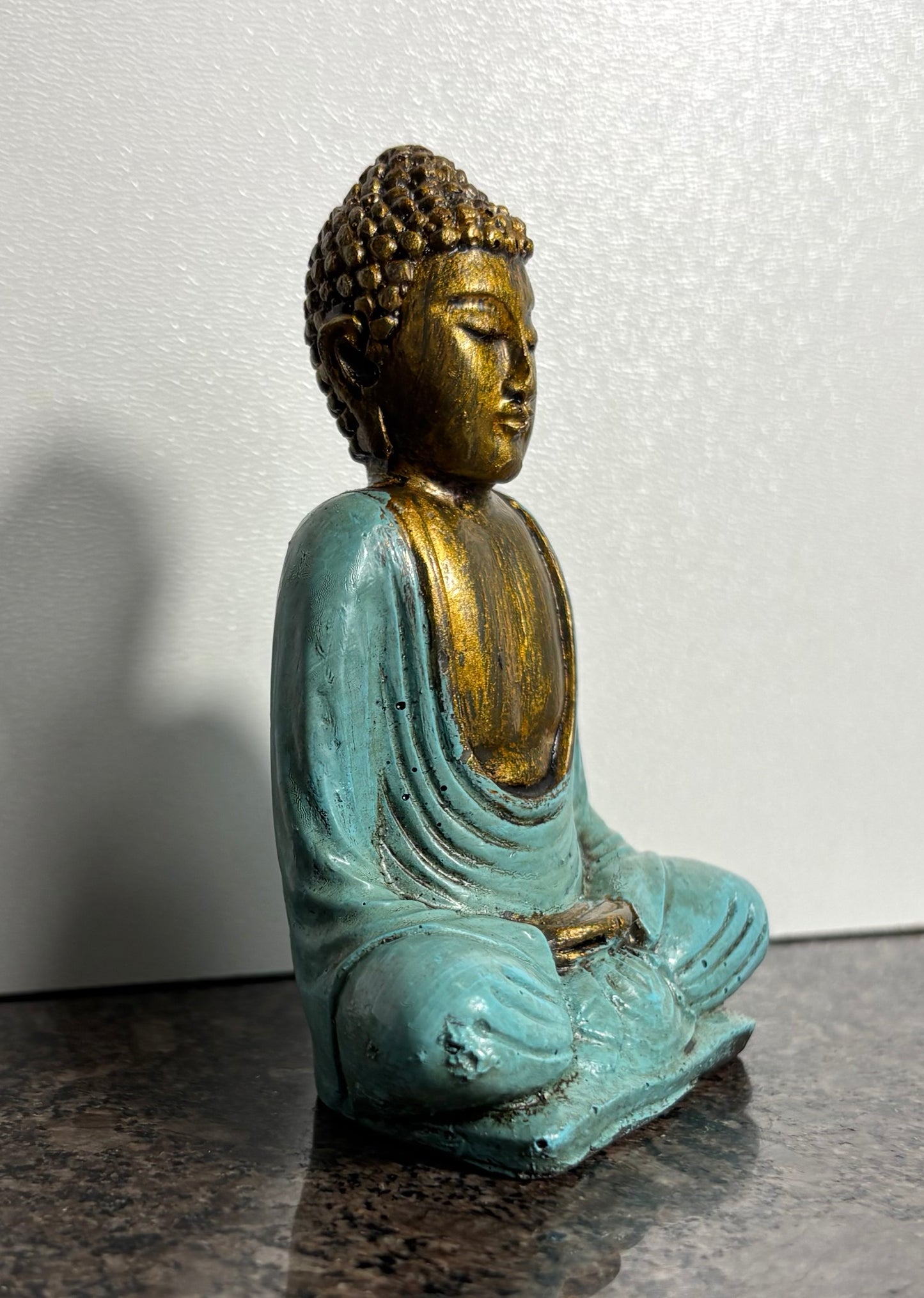 Painted Seated Buddah Figurine (Ivory, Orange and Blue)