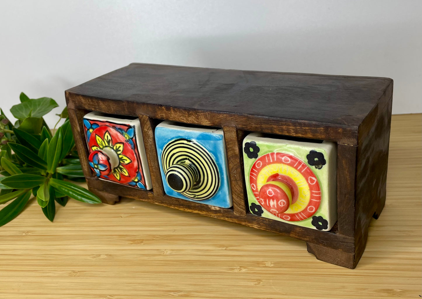 Wooden mini chest, 3 ceramic drawers.