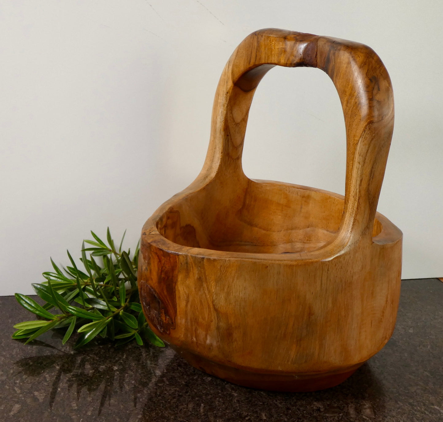 Solid Teak Wood Bowl with Handle | Handcrafted Basket Style Wooden Bowl | Natural Rustic Home Décor | 34cm High