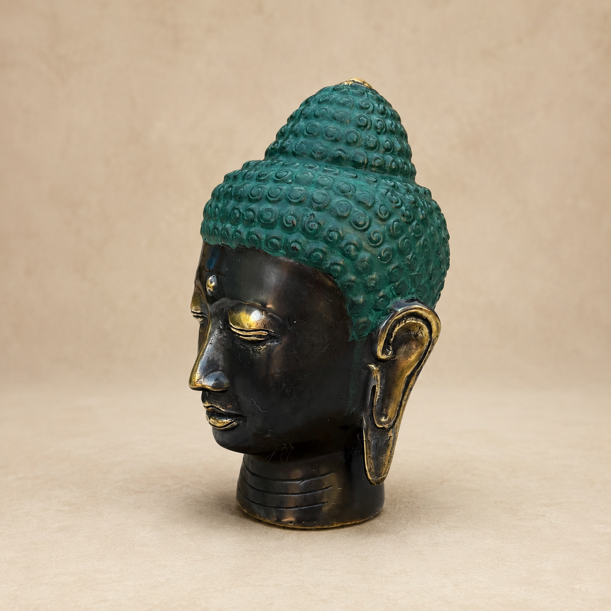 Brass Buddha Head Ornament with Teal Patina – 14.5 cm