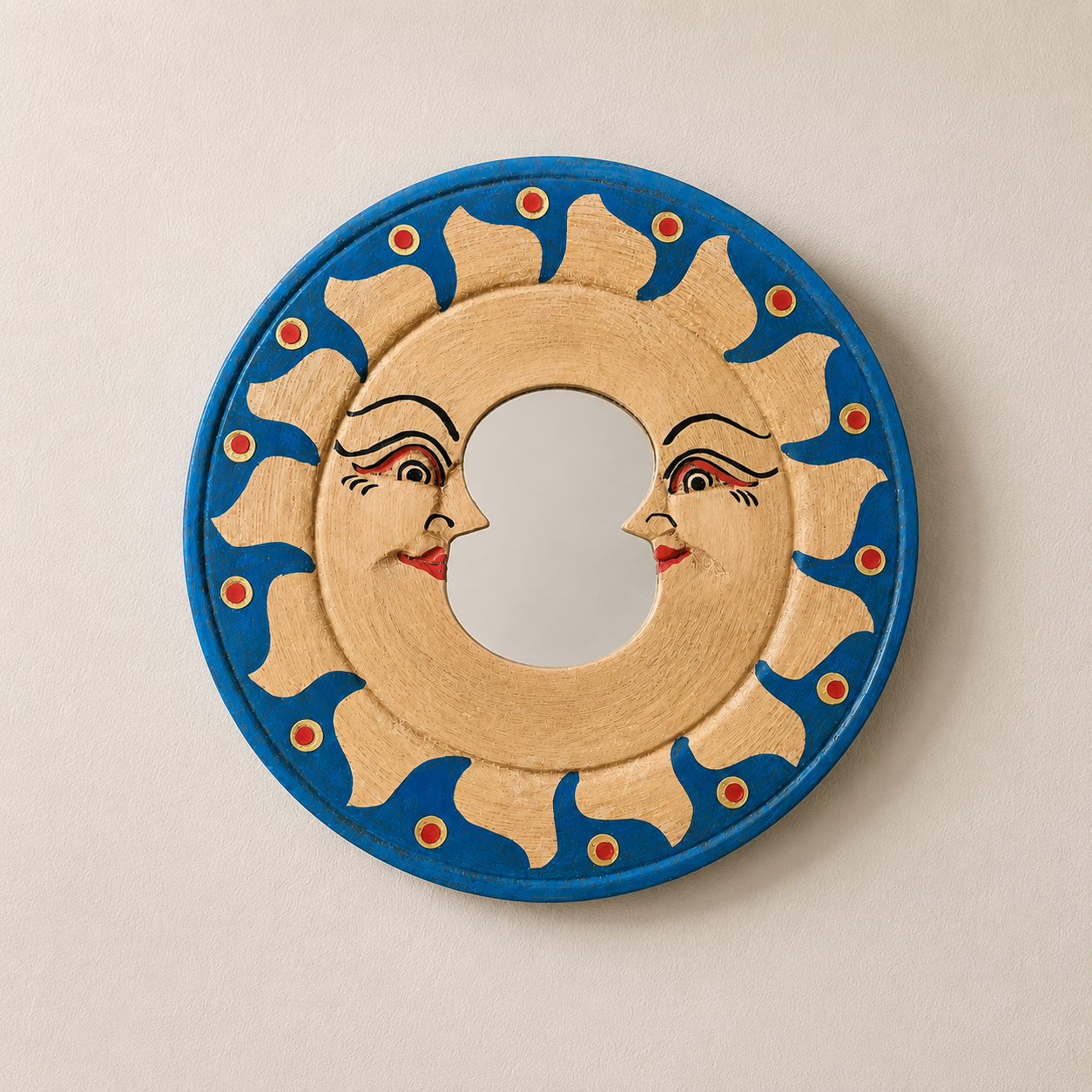 Hand-Carved Wooden Sun & Moon Wall Mirror – 15cm Rustic Boho Wall Décor