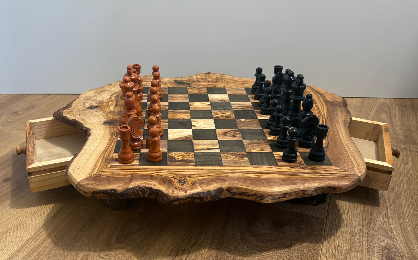 Handmade Olive Wood Chess Set with Storage Drawer - Elegant, Rustic, and Functional.
