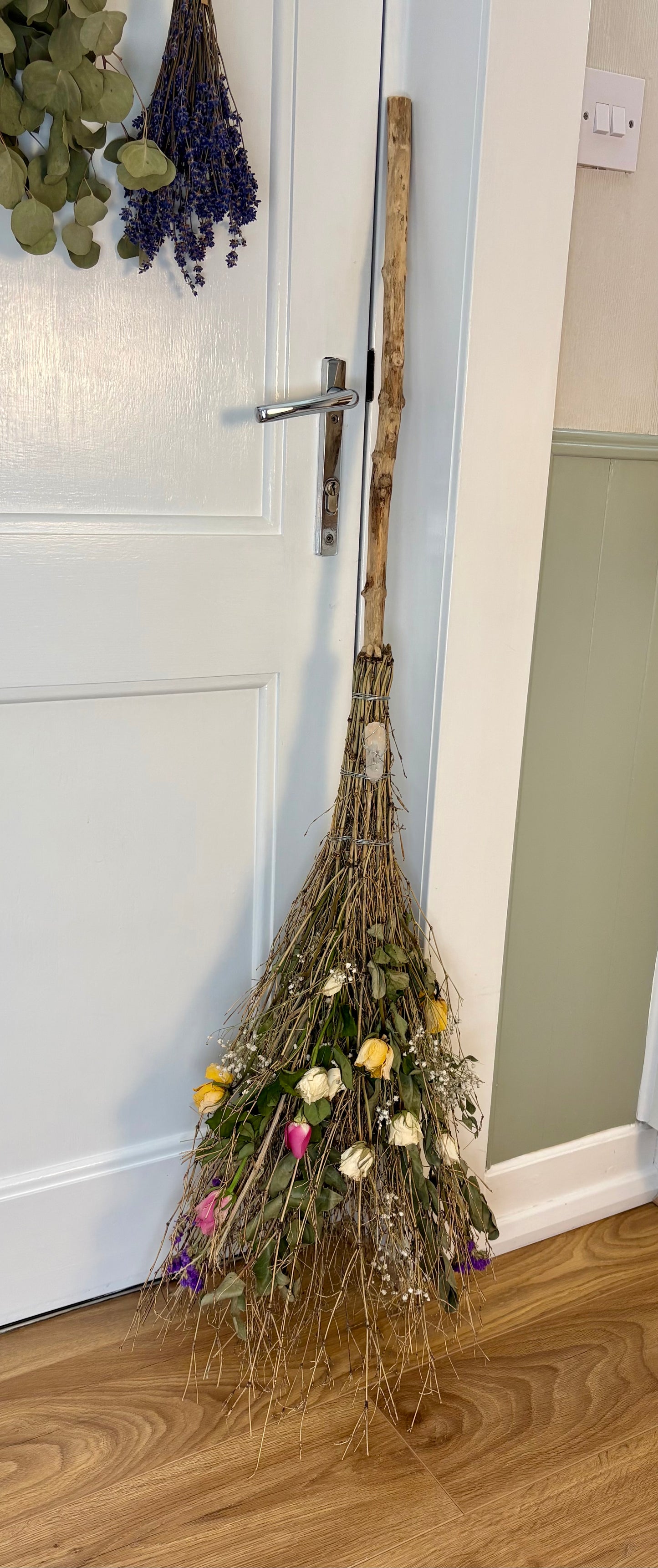 Handmade Full-Size Decorative Besom Broom with Clear Quartz Crystal – Rustic Witch's Besom, Pagan & Wiccan Home Décor