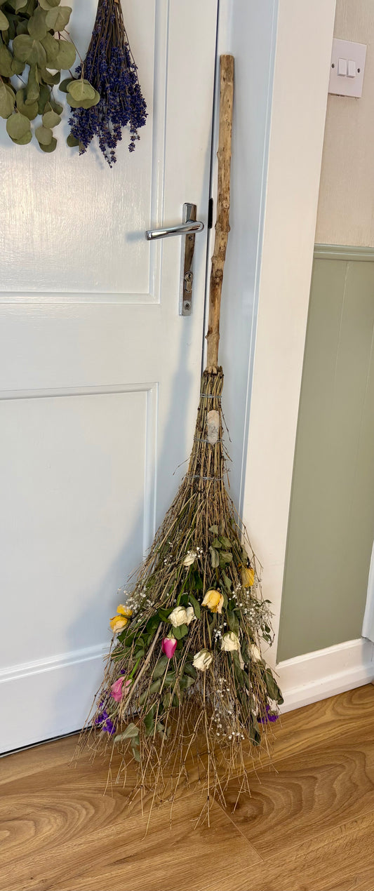 Handmade Full-Size Decorative Besom Broom with Clear Quartz Crystal – Rustic Witch's Besom, Pagan & Wiccan Home Décor