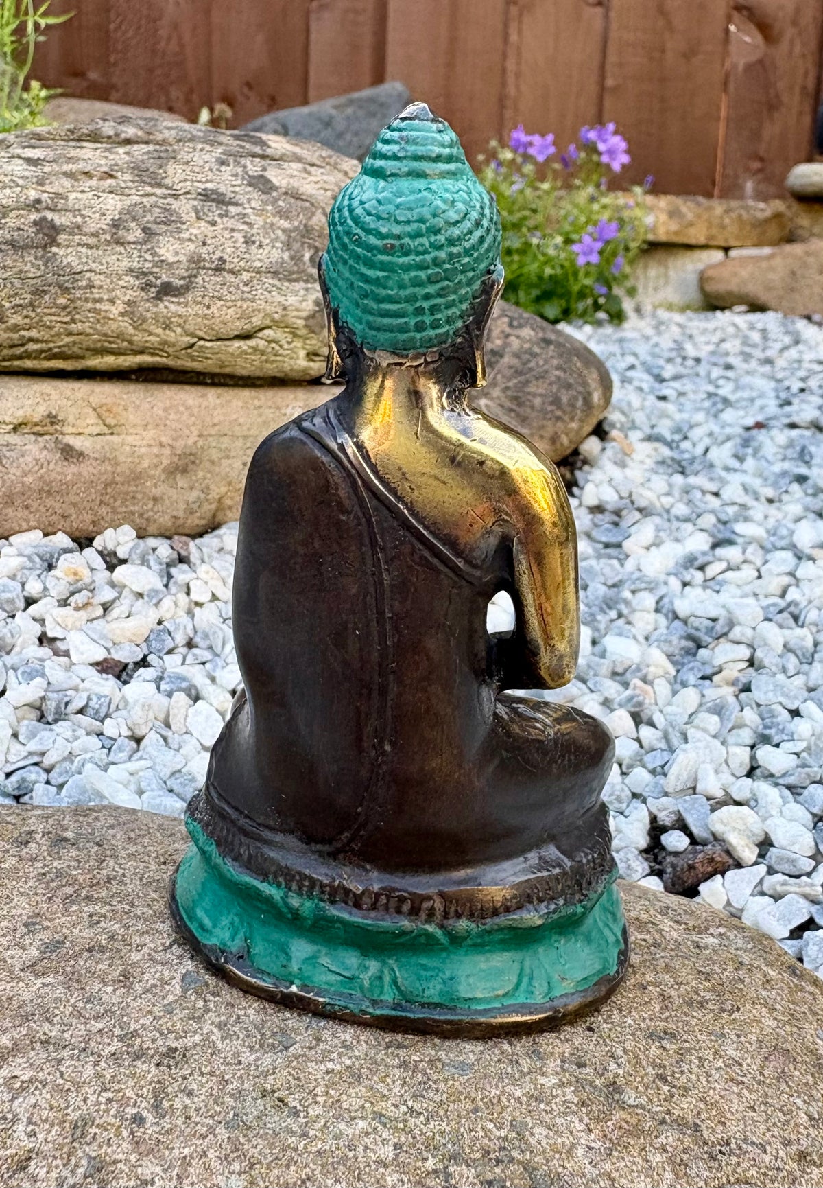 Seated Brass Buddha Statue with Teal Patina – 10 × 5 cm