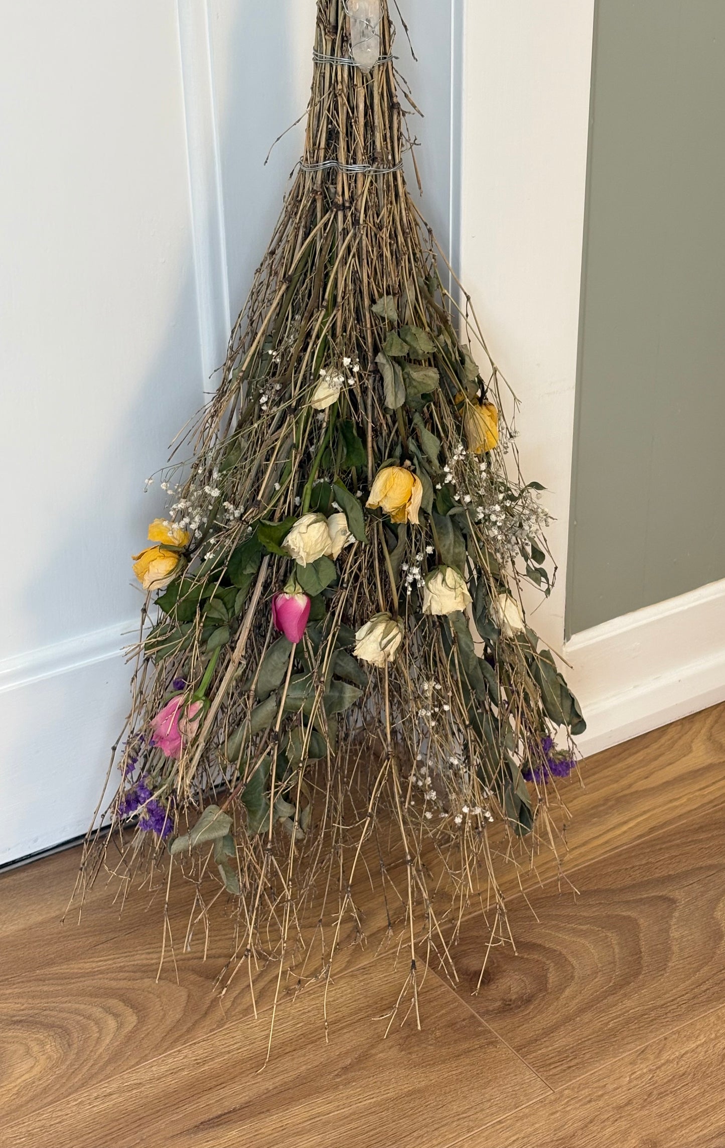 Handmade Full-Size Decorative Besom Broom with Clear Quartz Crystal – Rustic Witch's Besom, Pagan & Wiccan Home Décor