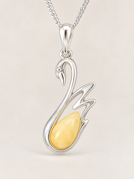 Sterling Silver Swan Pendant with Genuine Honey Amber & 18" Sterling Silver Chain