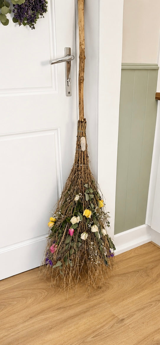 Handmade Full-Size Decorative Besom Broom with Clear Quartz Crystal – Rustic Witch's Besom, Pagan & Wiccan Home Décor