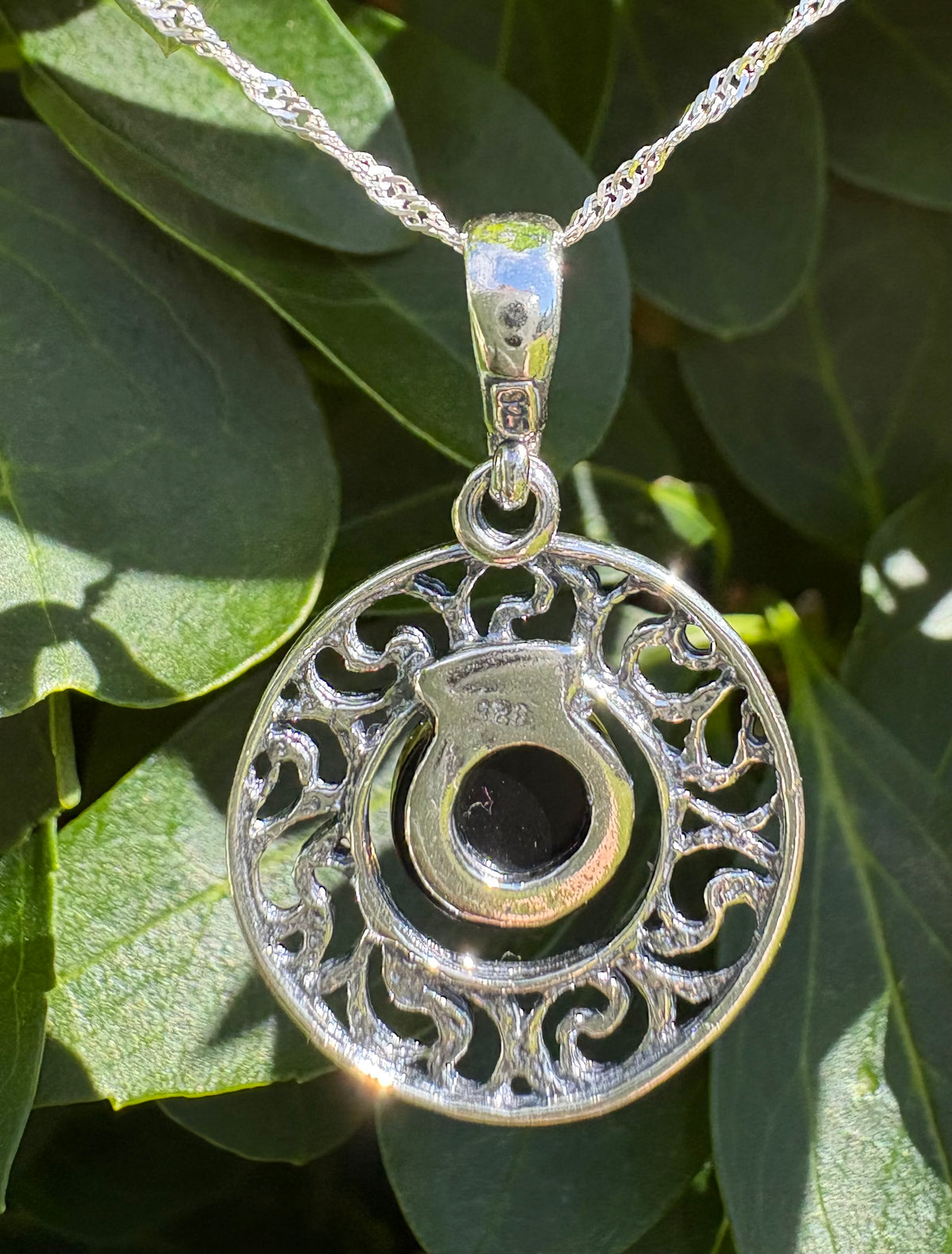 Sterling Silver Green Amber Filigree Pendant with 18" Chain