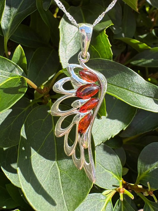 Sterling Silver Baltic Amber Angel Wing Pendant Necklace – Multicolour Genuine Amber, 18" Sterling Silver Chain