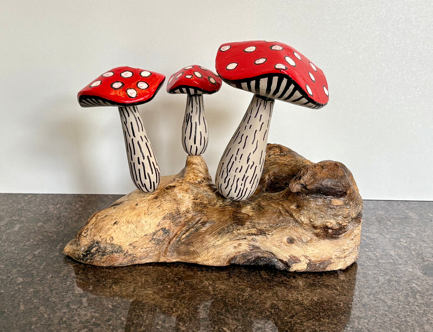 Hand-Painted Toadstool Trio on Wood Base