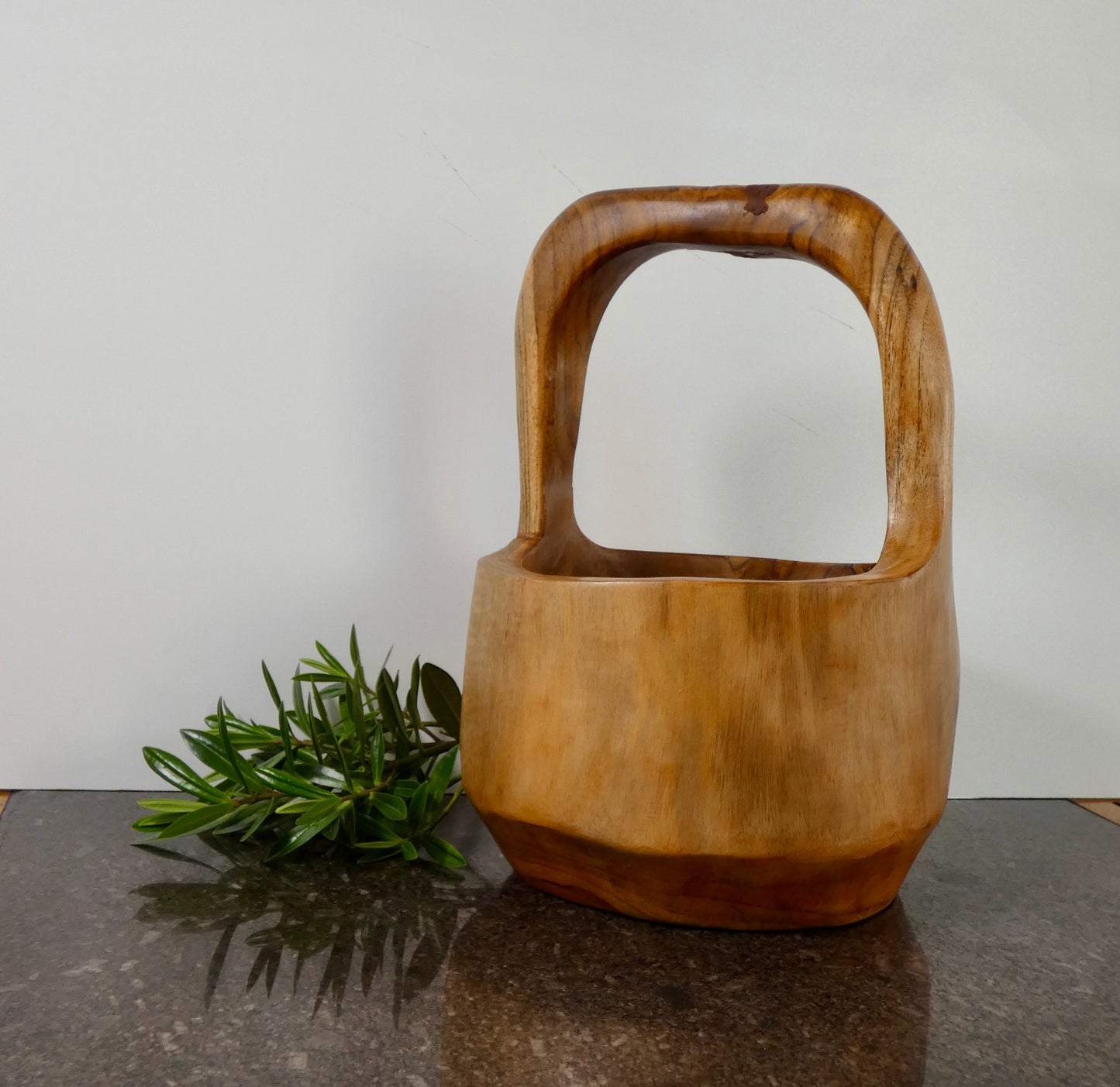 Solid Teak Wood Bowl with Handle | Handcrafted Basket Style Wooden Bowl | Natural Rustic Home Décor | 34cm High