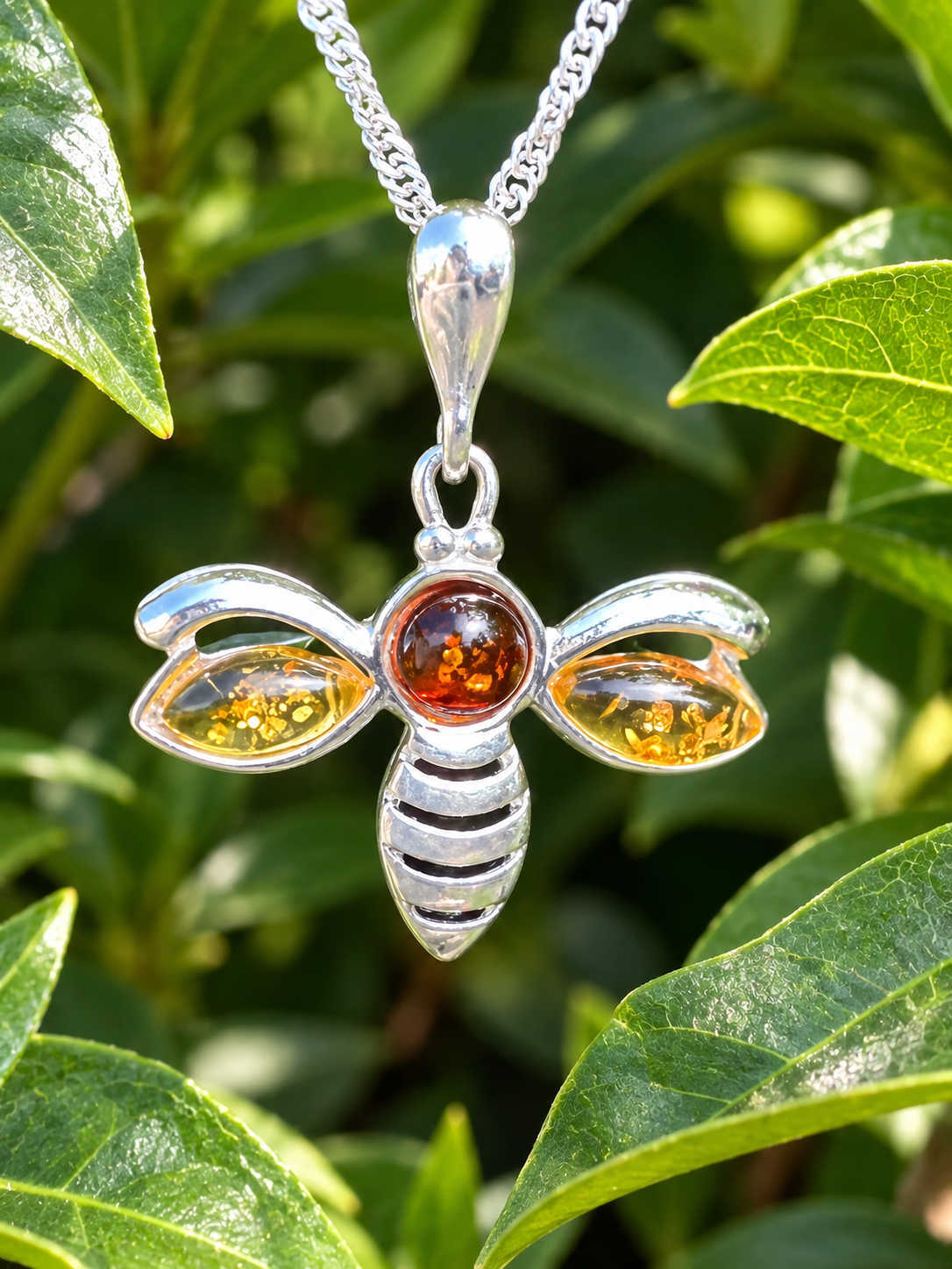 Sterling Silver Amber Bee Pendant Necklace with 18" Sterling Silver Chain