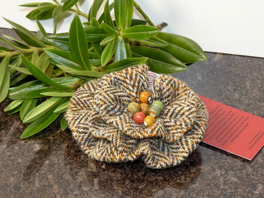 Hand crafted Genuine Harris Tweed Crochet Flower Brooch, Corsage Pin, Scottish Brooch
Bag Charm Gift