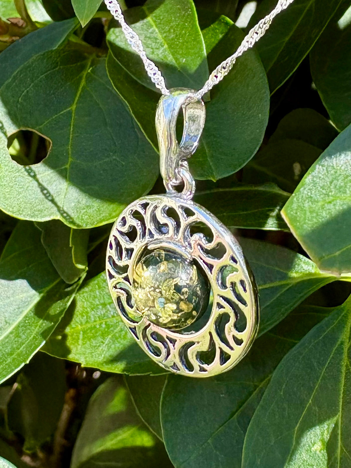 Sterling Silver Green Amber Filigree Pendant with 18" Chain