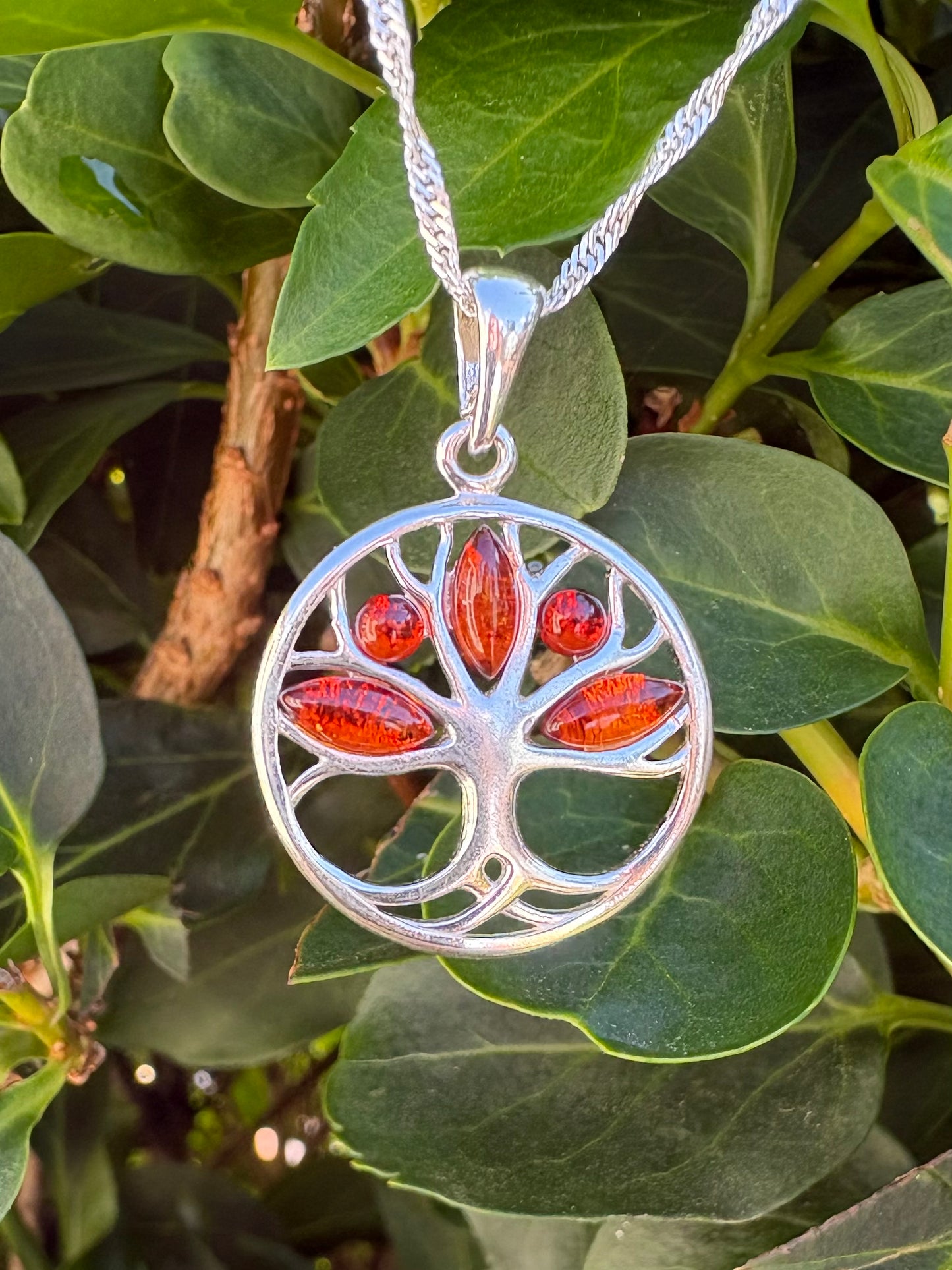 Sterling Silver Baltic Amber Tree of Life Pendant Necklace – Genuine Amber, 18" Sterling Silver Chain