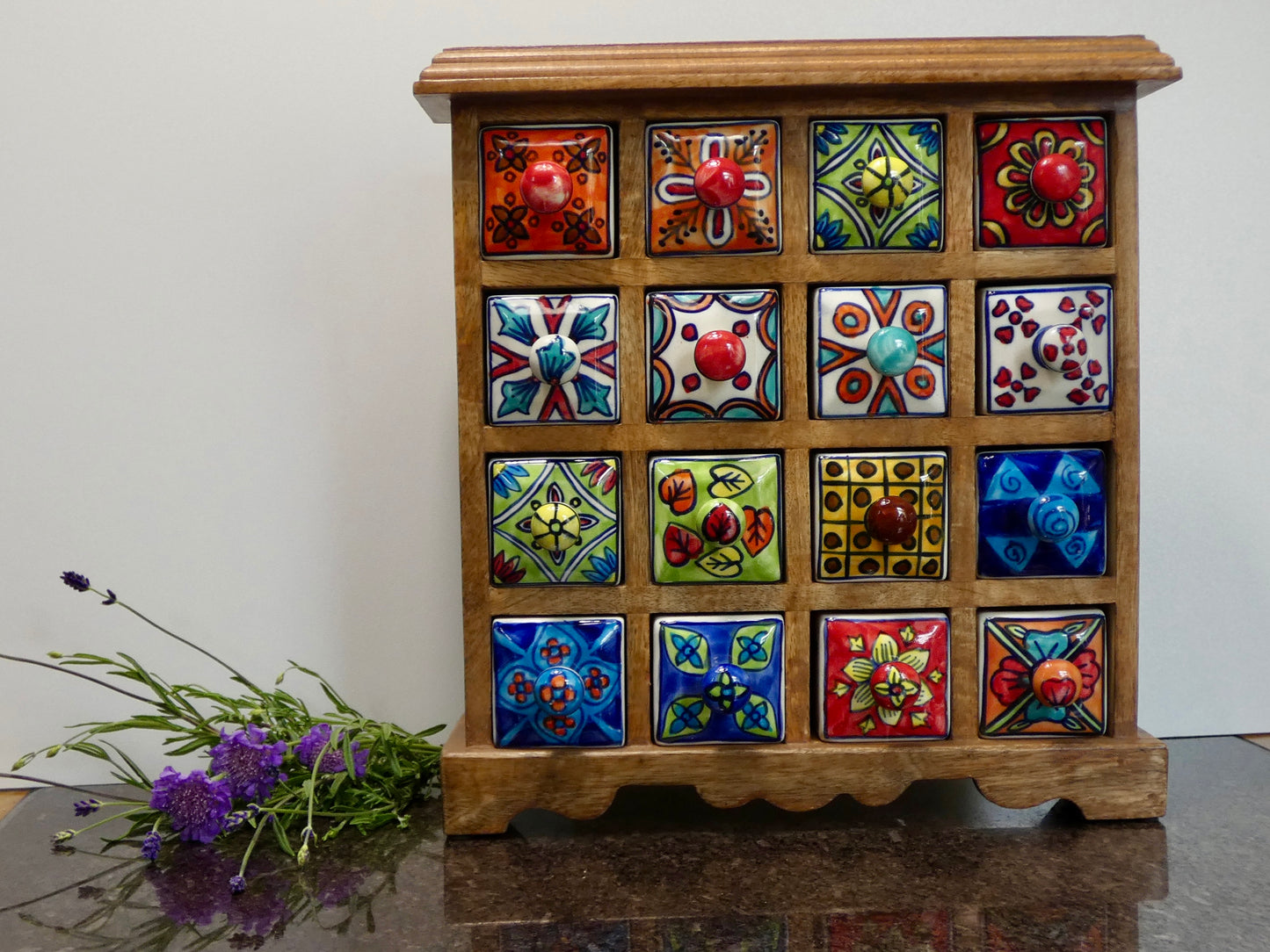 16 Drawer Ceramic Storage Chest, Mango Wood / jewellery / spices