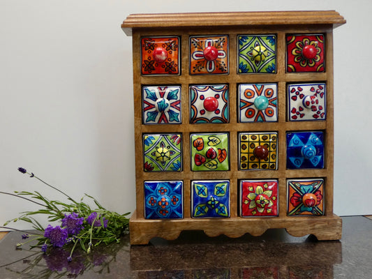 16 Drawer Ceramic Storage Chest, Mango Wood / jewellery / spices