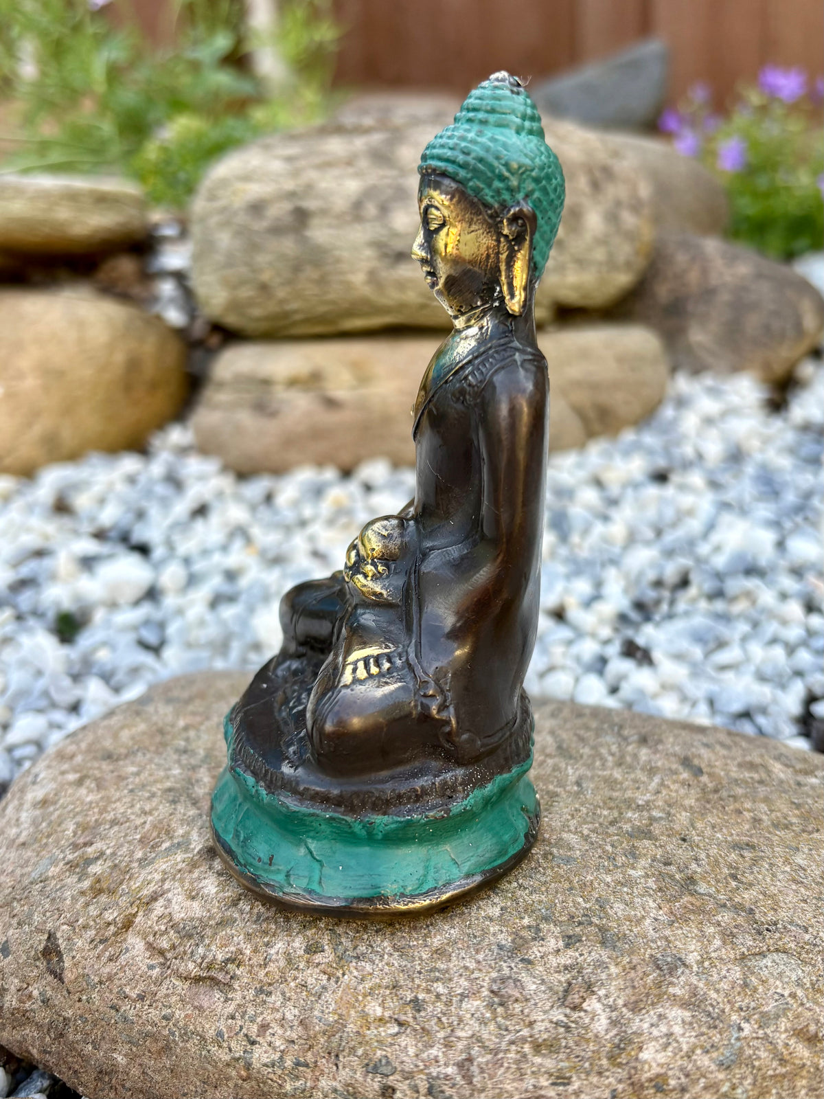Seated Brass Buddha Statue with Teal Patina – 10 × 5 cm