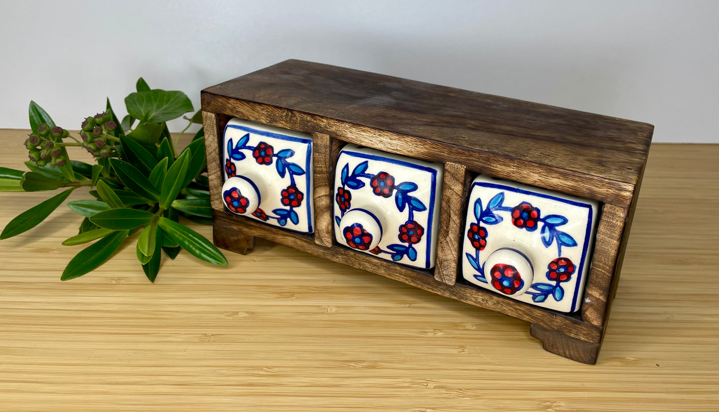Wooden mini chest, 3 ceramic drawers.