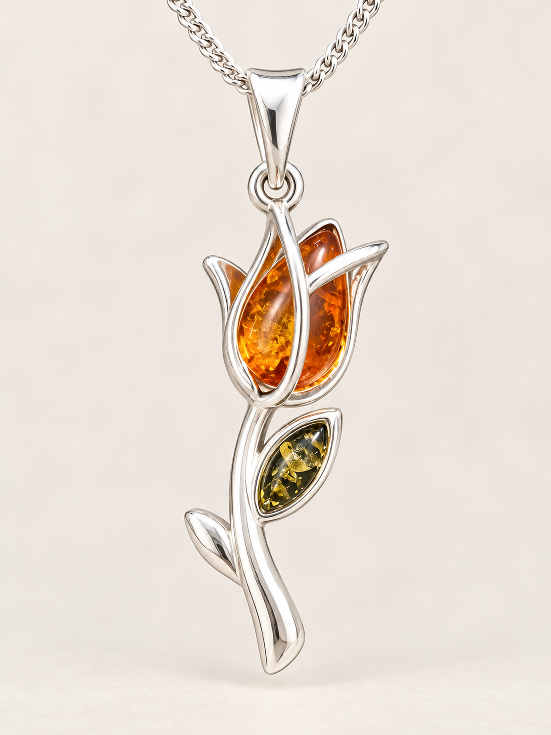 Sterling Silver Amber Rose Shaped Pendant with 18" Sterling Silver Chain