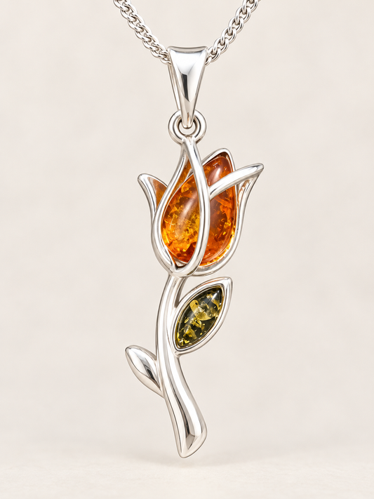 Sterling Silver Amber Rose Shaped Pendant with 18" Sterling Silver Chain