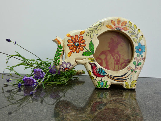 Hand painted wooden elephant shaped photo frame